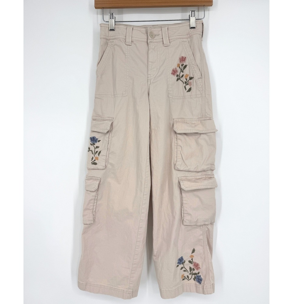 Abercrombie Kids Cream Embroidered Wide Leg Cargo Pants Sz 9/10